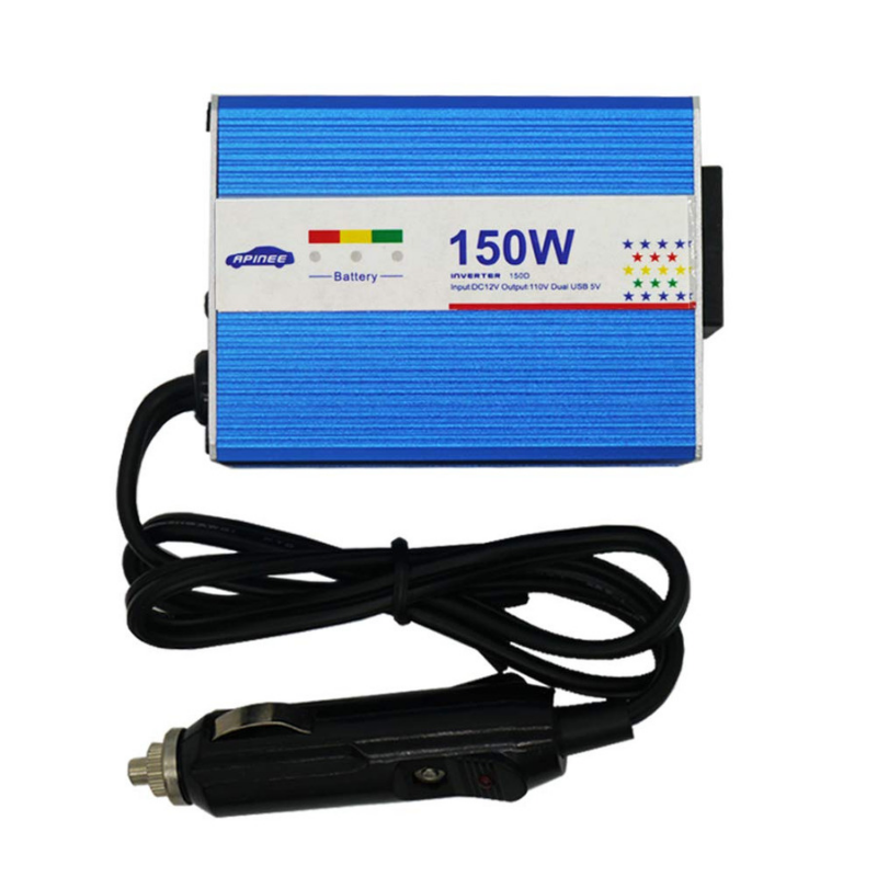 Small blue 12V DC to 120V AC inverter (~150W) used to power the Vibra Bucket’s low-draw AC motor at remote sites.
